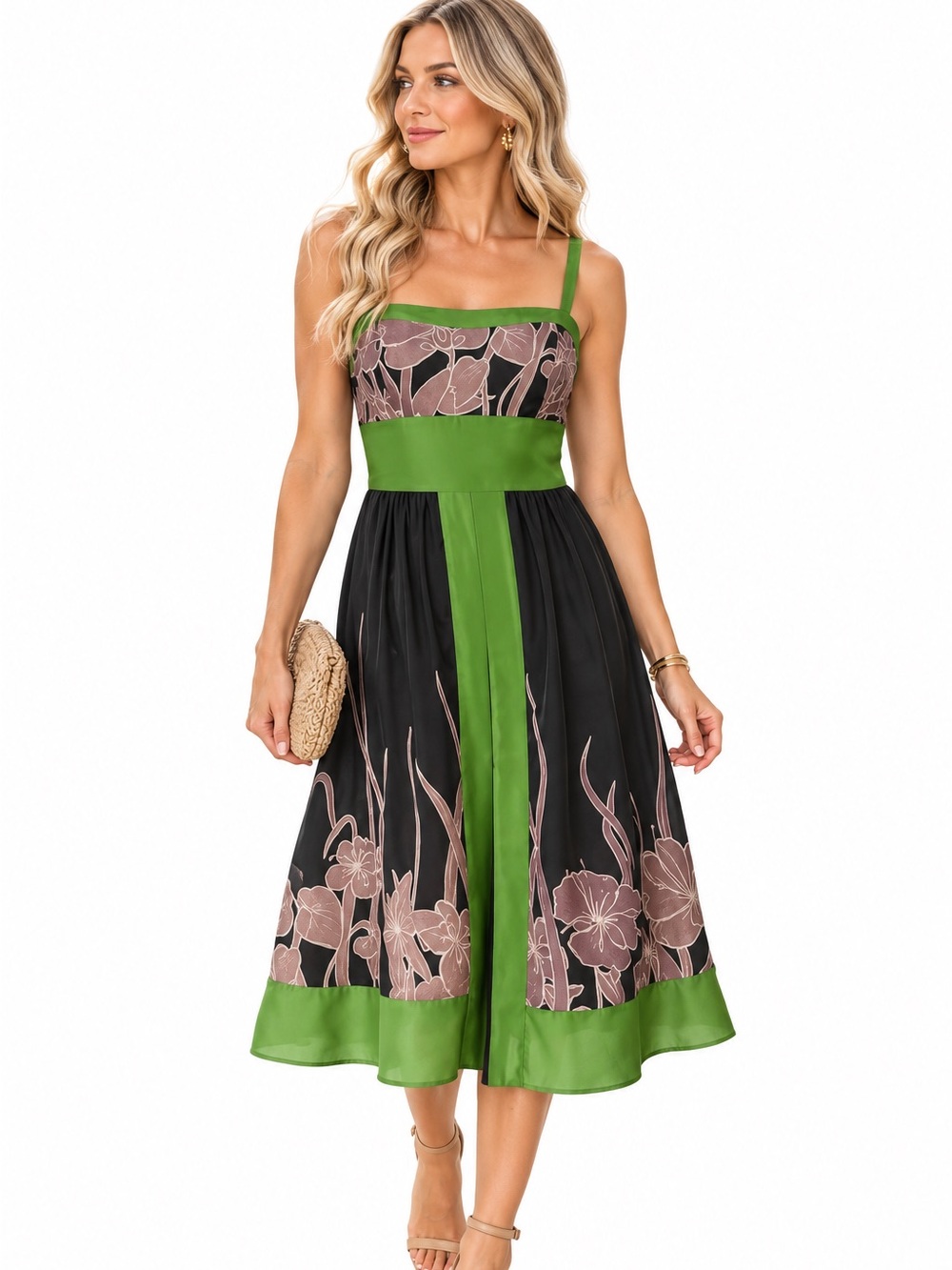 Hype by Anthropology Black and Green Floral Midi Dress size 2 100% Silk
